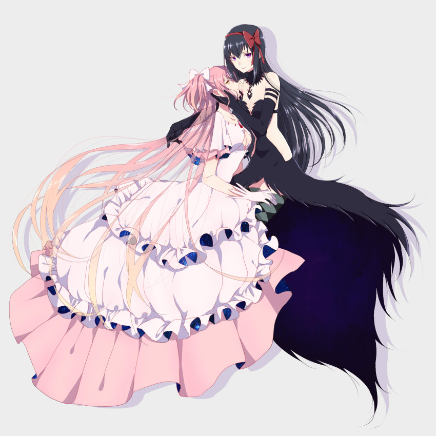 2girls, akemi_homura, akuma_homura, argyle, argyle_legwear, bare_shoulders, black_gloves, black_hair