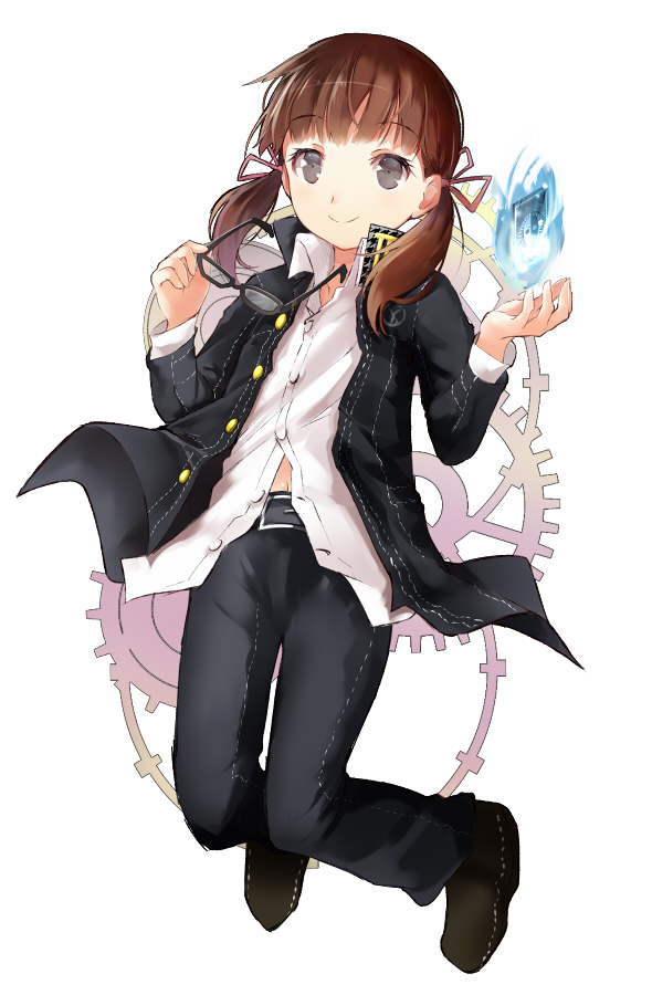 1girl, black_eyes, brown_hair, card, cosplay, doujima_nanako, efe, gakuran, glasses, glasses_removed, hair_ribbon, jacket, long_hair, narukami_yuu_(cosplay), persona, persona_4, ribbon, school_uniform, smile, twintails