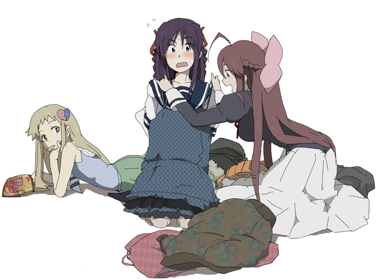 amase_saki, bad_id, blush, clothes, hoshimura_makina, lying, mogumogumogu, mouth_hold, potato_chips, purple_hair, school_uniform, serafuku, shikabane_hime, yamagami_itsuki