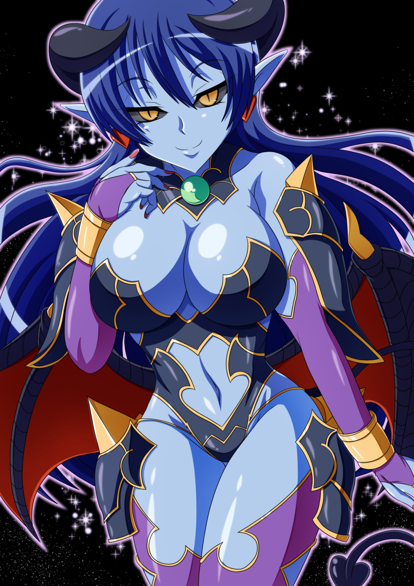 1girl, aokura_shou, astaroth_(shinrabanshou), black_sclera, blue_hair, blue_skin, breasts, cleavage