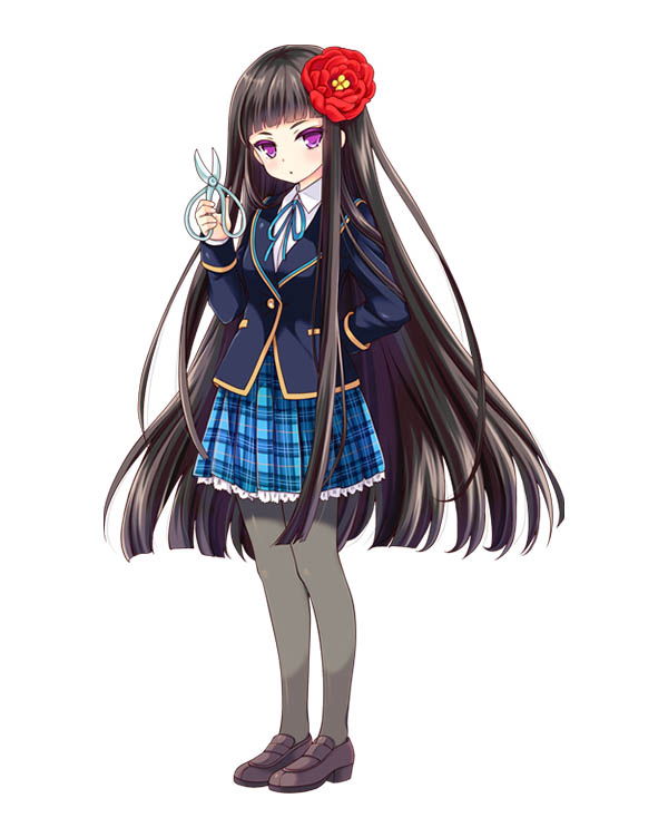 black_hair, blush, character_sheet, flower, girlfriend_(kari), long_hair, official_art, scissors