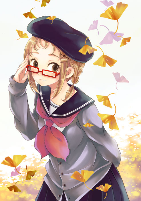 glasses, hat, original, school_uniform, serafuku, solo, sugano_manami, vaayunto_yuuki