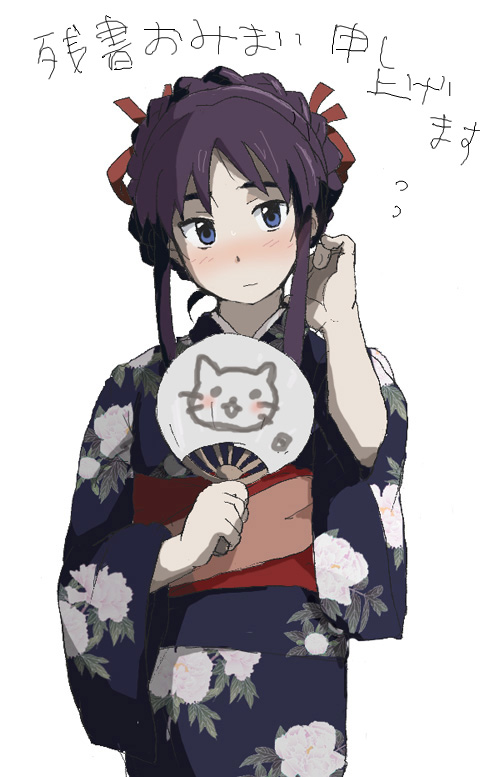 blue_eyes, blush, fan, hoshimura_makina, japanese_clothes, kimono, mogumogumogu, purple_hair
