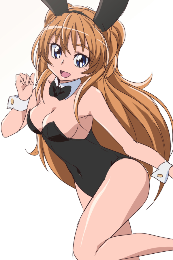 1girl, :d, animal_ears, bare_shoulders, blue_eyes, bowtie, breasts, brown_hair