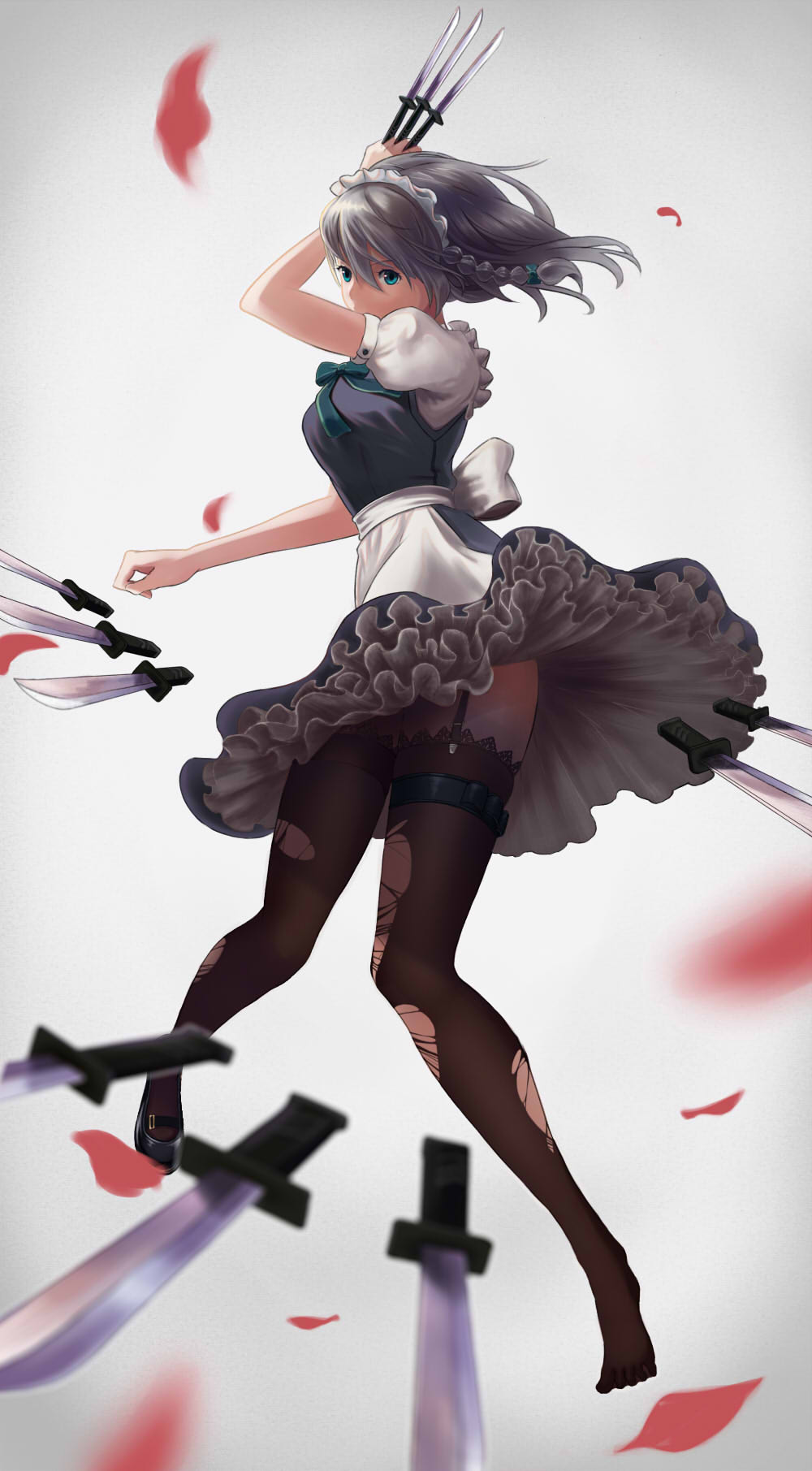 1girl, apron, black_legwear, blue_clothes, blue_eyes, braid, covering_mouth, danmaku