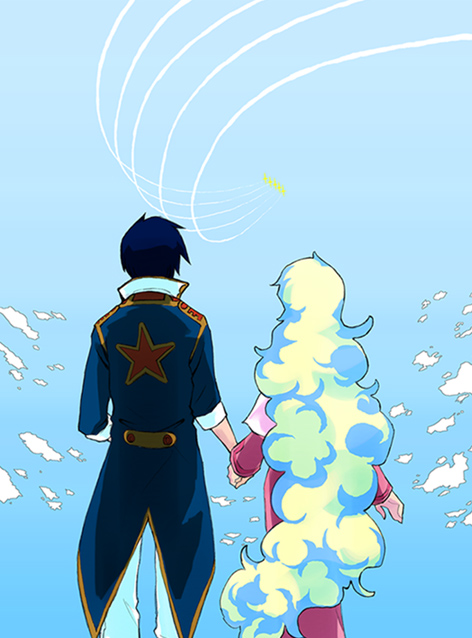 1boy, 1girl, blue_hair, blue_sky, couple, holding_hands, long_hair, multicolored_hair