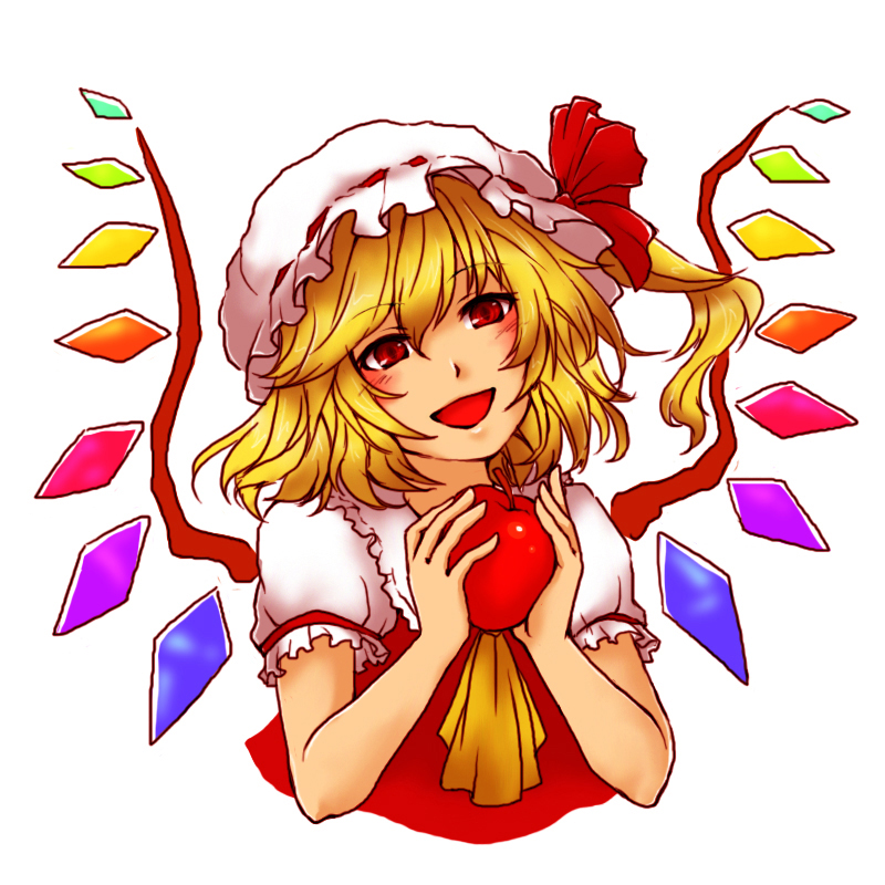 1girl, apple, ascot, blonde_hair, bust, flandre_scarlet, food, fruit, holding, looking_at_viewer, mob_cap, open_mouth, puffy_short_sleeves, puffy_sleeves, red_eyes, short_sleeves, side_ponytail, simple_background, smile, solo, toriaezu_shouyu, touhou, white_background, wings