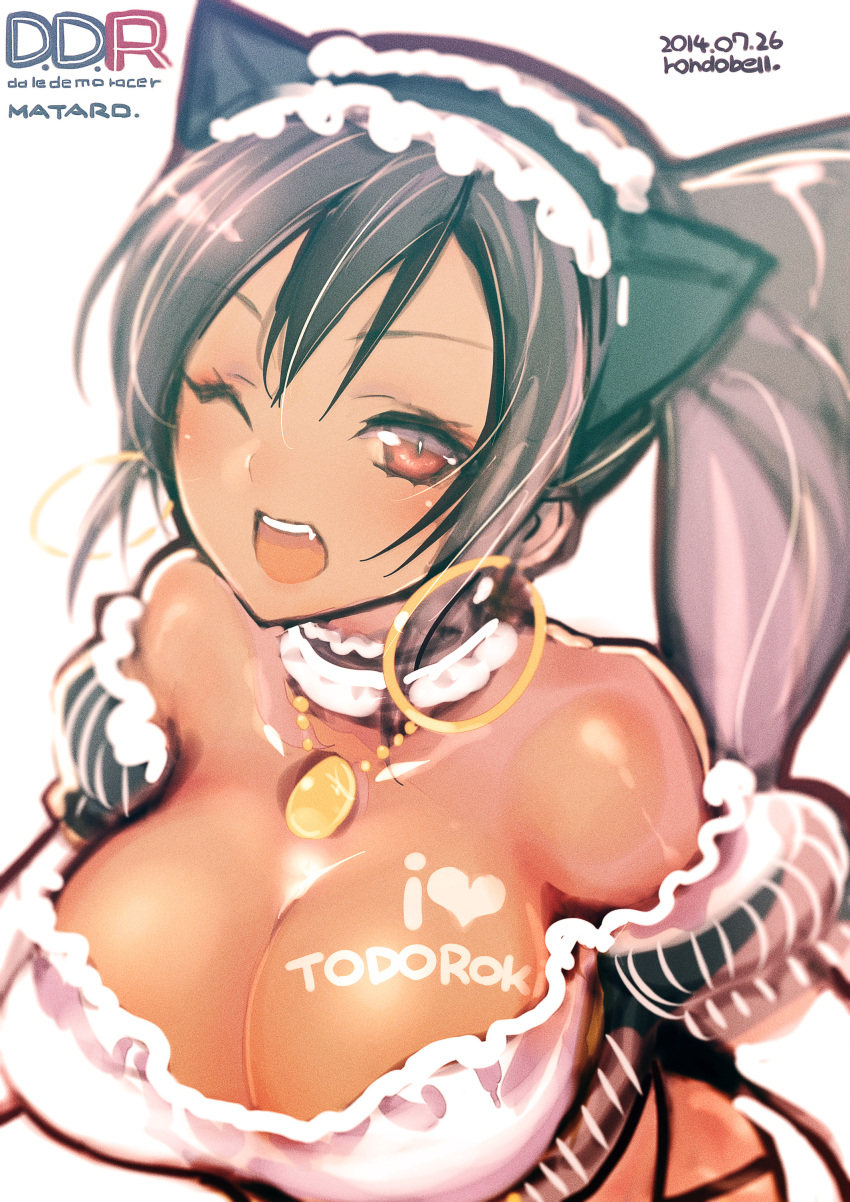 1girl, absurdres, animal_ears, bare_shoulders, blurry, body_writing, breasts, brown_hair
