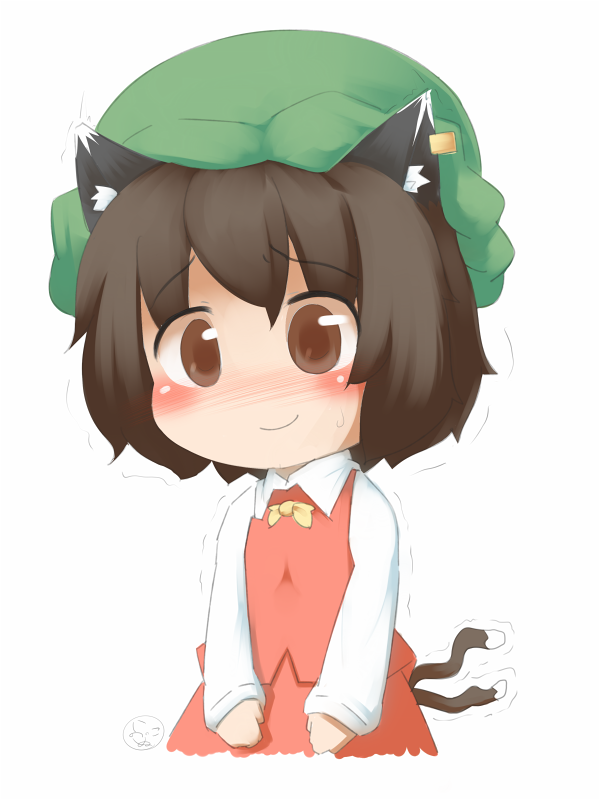 1girl, animal_ears, blush, brown_eyes, brown_hair, cat_ears, cat_tail, chen, inunoko., multiple_tails, sweatdrop, tail, touhou, trembling, zun_hat