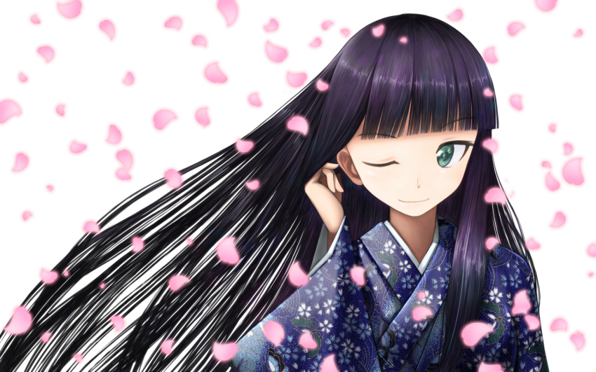 1girl, ;), aebafuti, black_hair, cherry_blossoms, green_eyes, highres, japanese_clothes