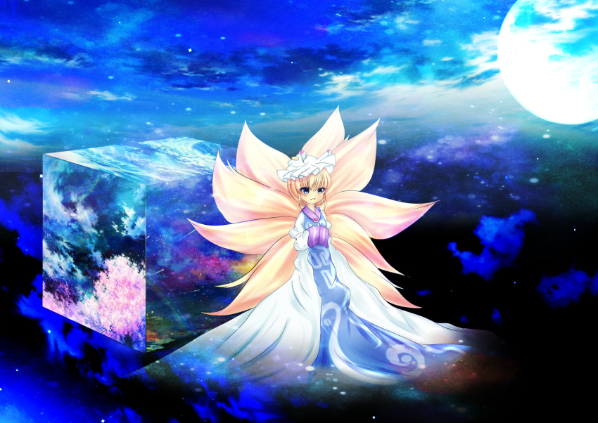 1girl, blonde_hair, blue_eyes, cherry_blossoms, clouds, commentary_request, crying, crying_with_eyes_open