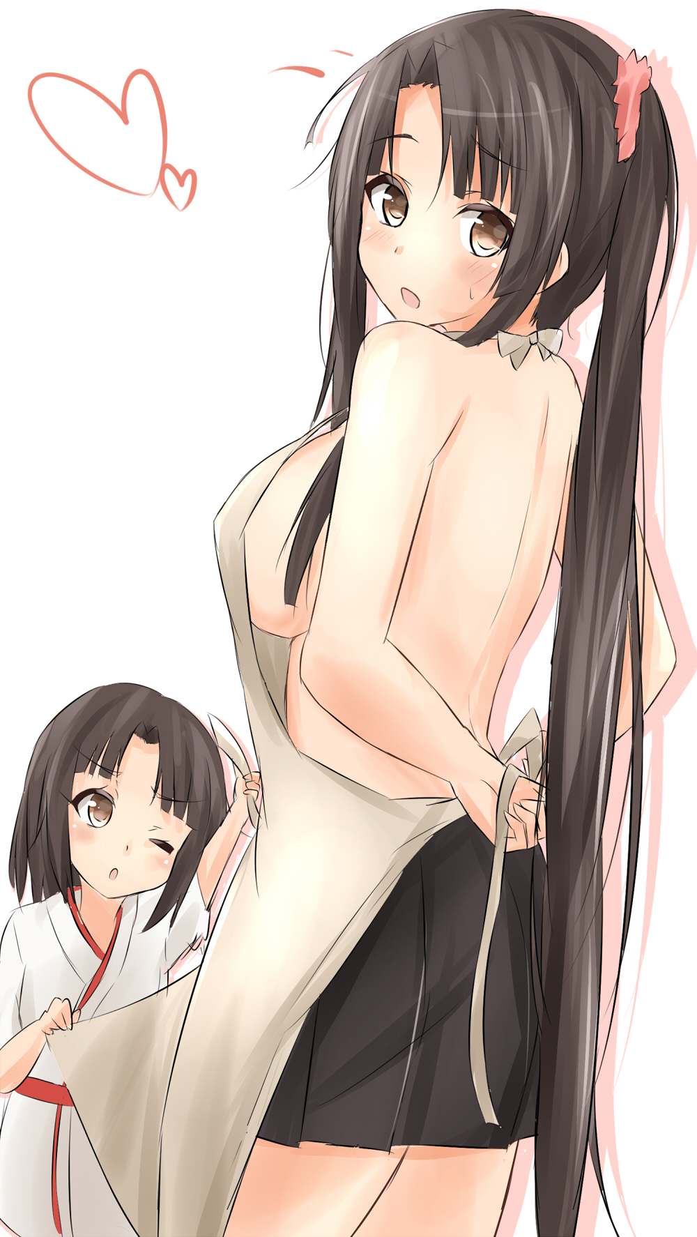 2girls, apron, back, black_hair, brown_eyes, highres, japanese_clothes, kantai_collection