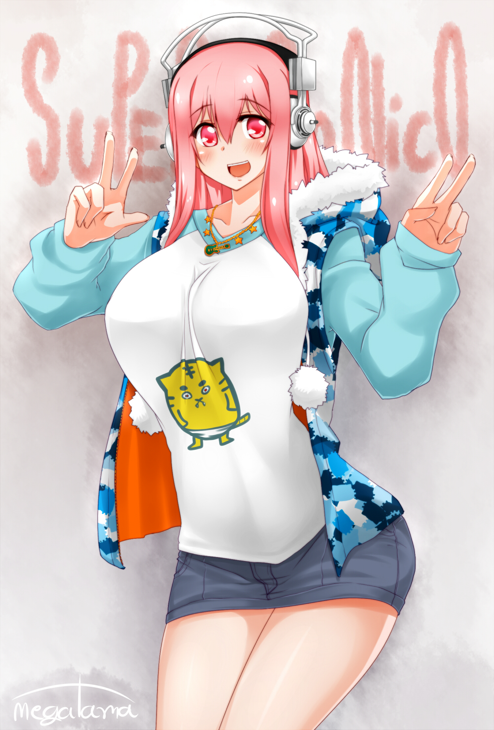 1girl, blush, breasts, double_v, headphones, highres, large_breasts, long_hair