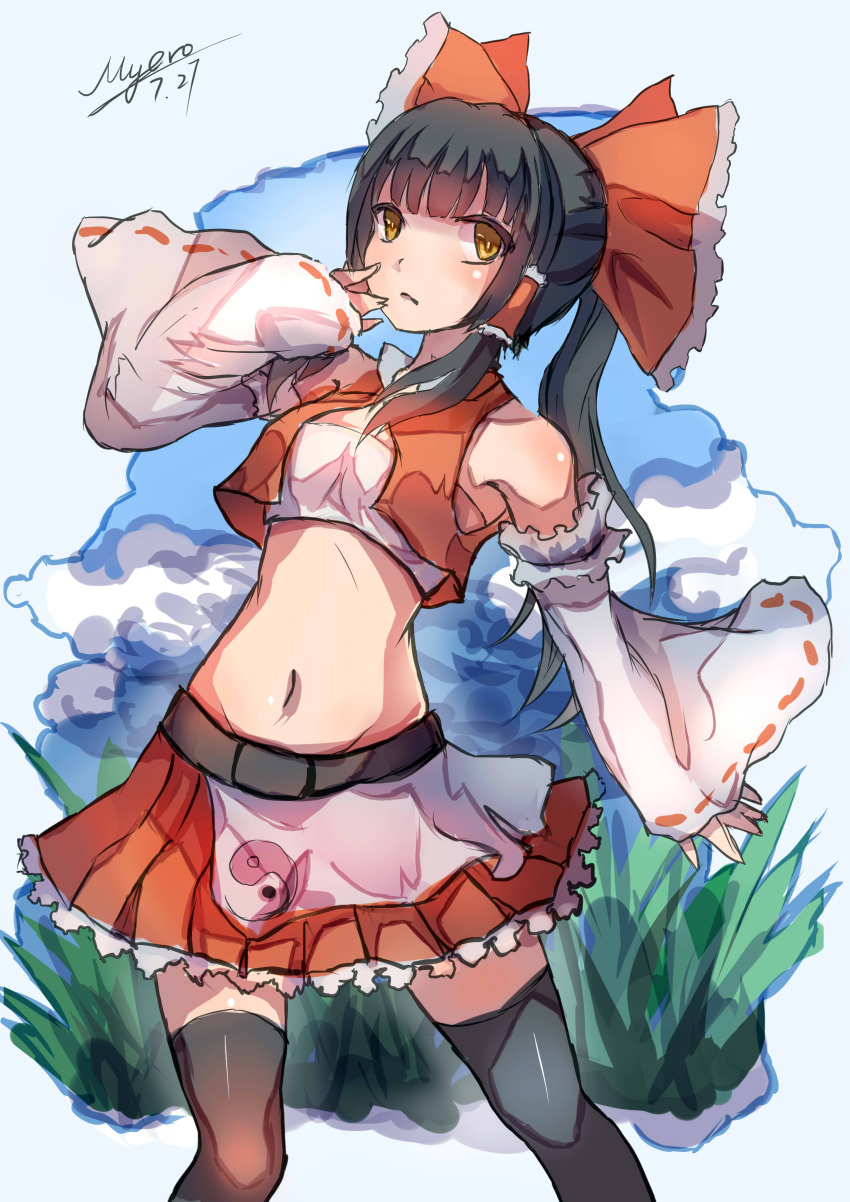 1girl, absurdres, adapted_costume, bare_shoulders, black_hair, black_legwear, blue_sky, bow