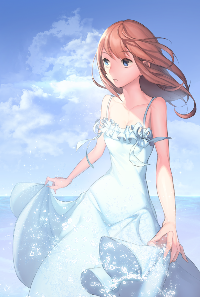 1girl, bare_shoulders, blue_eyes, brown_hair, dress, long_hair, mt_(ringofive), ocean