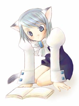 1girl, blue_eyes, book, bow, cat_ears, dress, franziska, franziska_von_karma