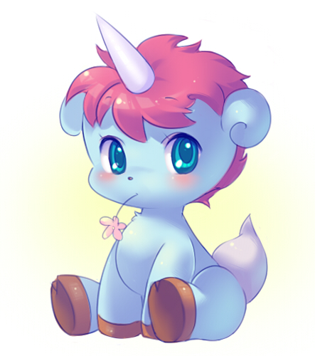 anmofu, aqua_eyes, flower, hooves, horn, lowres, no_humans, redhead, short_hair, sitting, solo, unico, unico_(character), unicorn, white_background