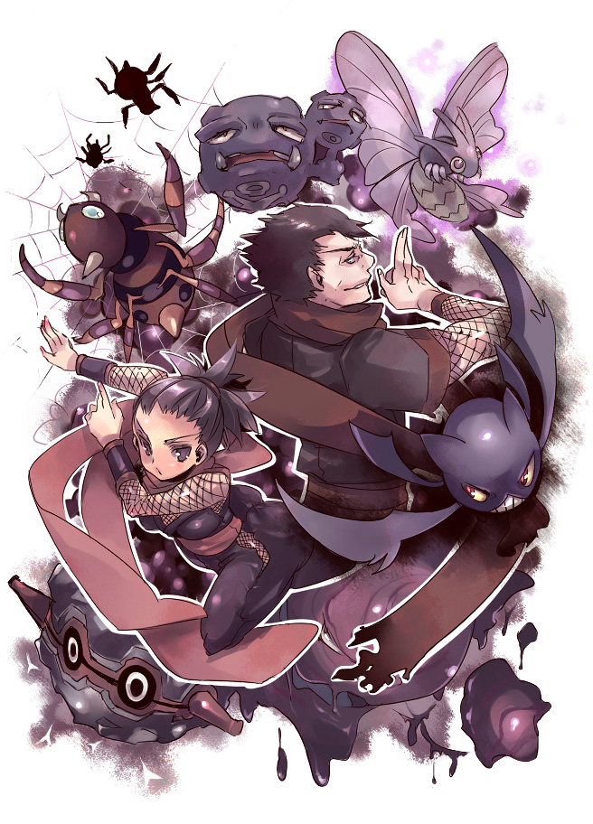 1boy, 1girl, anzu_(pokemon), ariados, black_hair, crobat, father_and_daughter, forretress