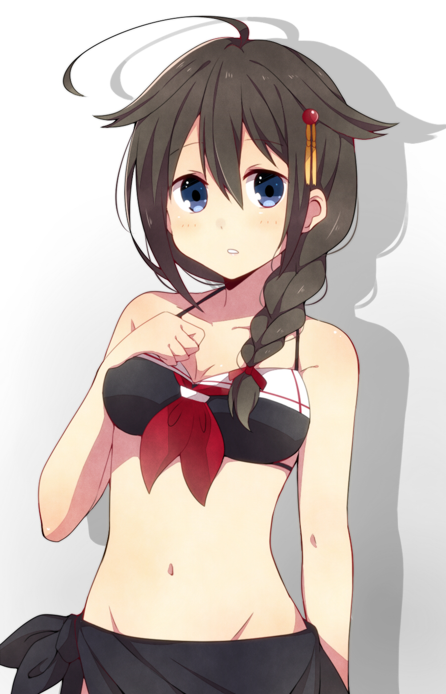 1girl, ahoge, alternate_costume, bikini, black_hair, blue_eyes, blush, braid