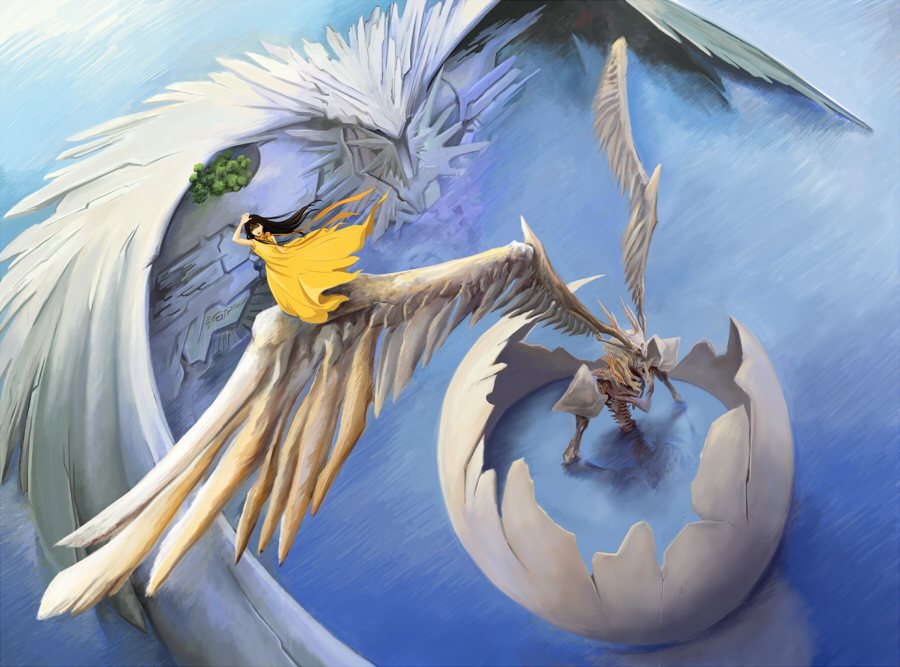 egg, mishima_reika, ocean, rahxephon, rahxephon_(mecha), togenagi_futaba, water, wings