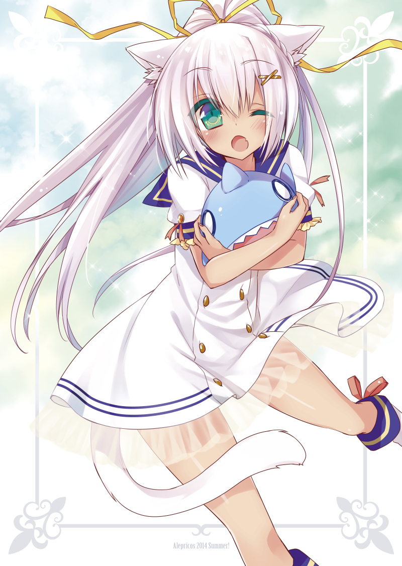 1girl, animal_ears, blush, cat_ears, green_eyes, long_hair, looking_at_viewer, mao_(alepricos)