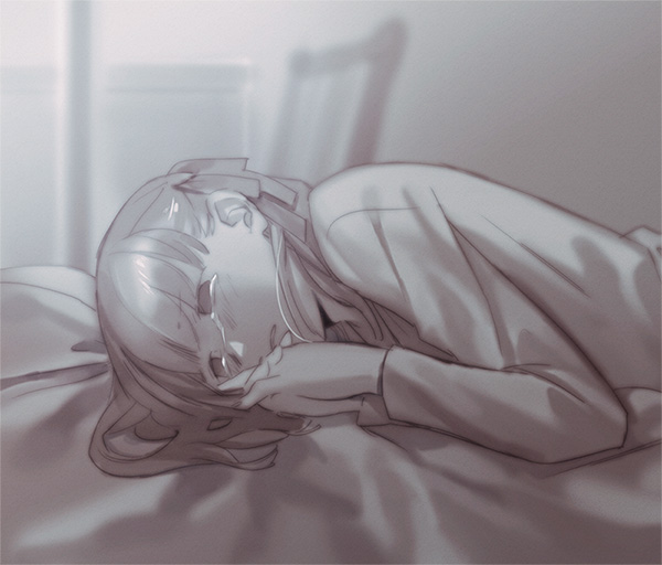 1girl, bed, crying, crying_with_eyes_open, fate/stay_night, fate_(series), lying, matou_sakura
