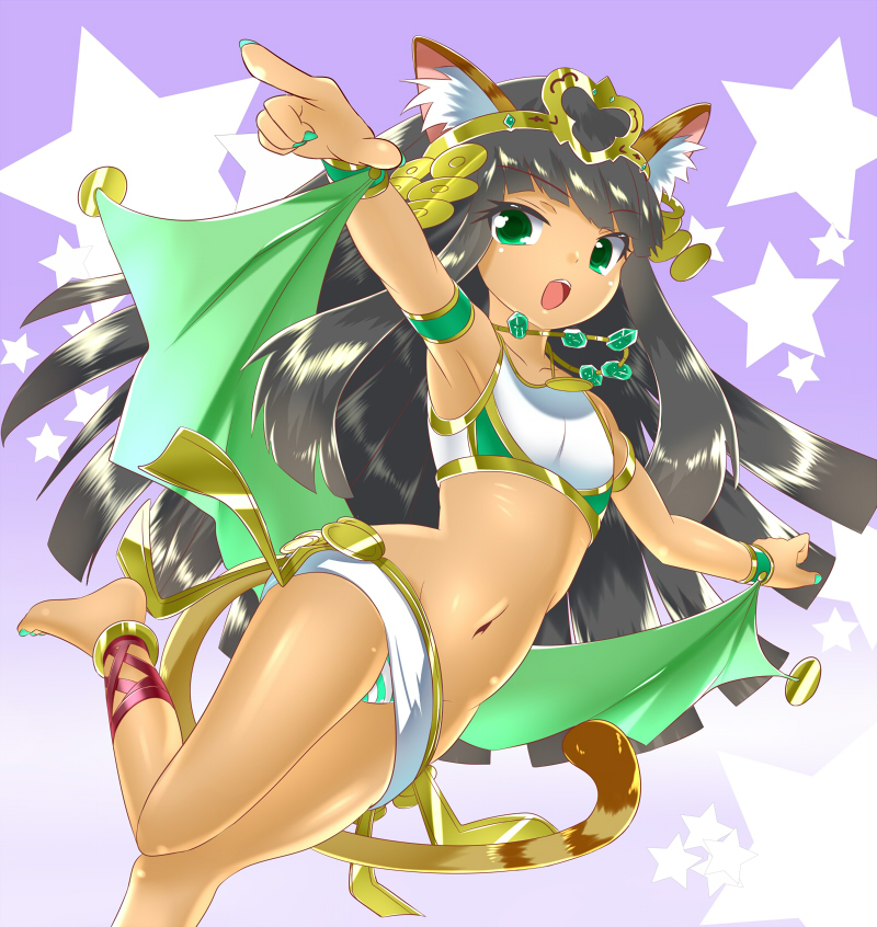 1girl, animal_ears, anklet, armlet, armpits, bandeau, bare_shoulders, barefoot, bastet_(p&amp;d), black_hair, bra-cky, bracer, cat_ears, cat_tail, collarbone, dark_skin, egyptian, egyptian_clothes, fingernails, green_eyes, green_nails, jewelry, leg_up, long_hair, midriff, miniskirt, mound_of_venus, nail_polish, navel, necklace, open_mouth, panties, pantyshot, pantyshot_(standing), pointing, purple_background, puzzle_&amp;_dragons, skirt, solo, standing, star, striped, striped_panties, tail, tiara, toenail_polish, toenails, underwear, white_skirt