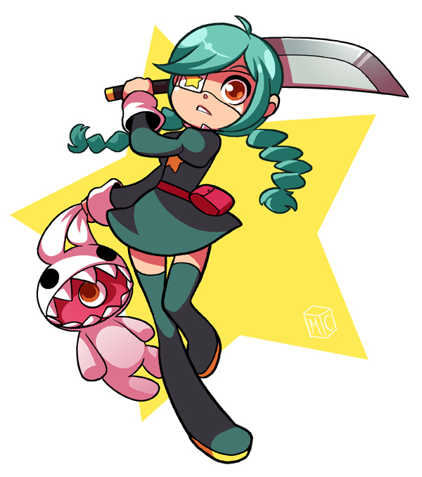 1girl, annie_(skullgirls), belt, belt_pouch, boots, braid, dress, eyepatch