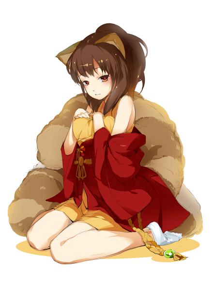 1girl, animal_ears, brown_hair, kange, shikihime_zoushi, simple_background, sitting, solo