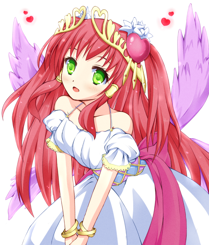 1girl, bare_shoulders, blush, bow, breasts, cleavage, collarbone, detached_sleeves, dress, feathered_wings, green_eyes, hair_ornament, hair_tubes, heart, heart_hair_ornament, long_hair, multiple_wings, open_mouth, pink_bow, puffy_short_sleeves, puffy_sleeves, purple_wings, puzzle_&amp;_dragons, redhead, sash, short_sleeves, simple_background, smile, solo, tiara, twintails, venus_(p&amp;d), white_background, white_dress, wings, yua_(togemaru)