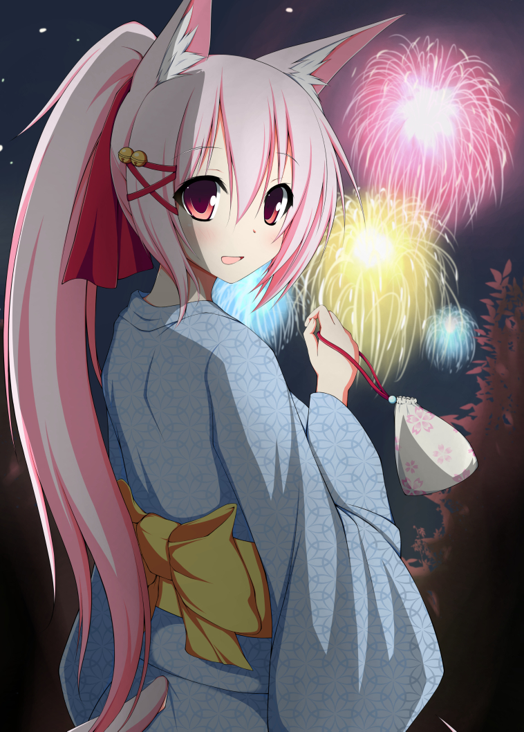 1girl, animal_ears, blush, fireworks, fox_ears, japanese_clothes, kazamatsuri_kazari, kimono