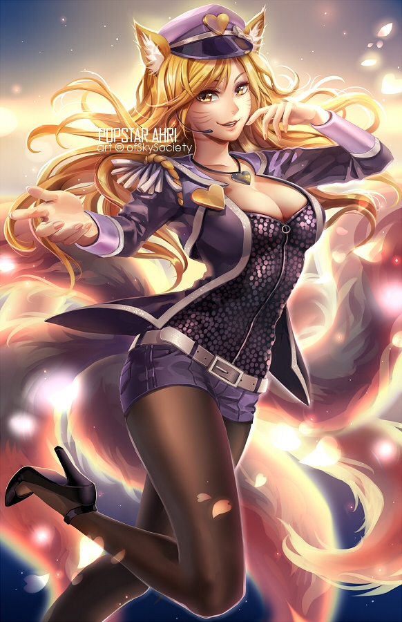 1girl, ahri, alice_jing, alternate_costume, alternate_hair_color, animal_ears, blonde_hair, breasts