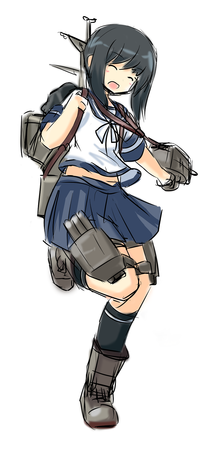 1girl, ^_^, ^o^, black_eyes, black_hair, black_legwear, blush, boots