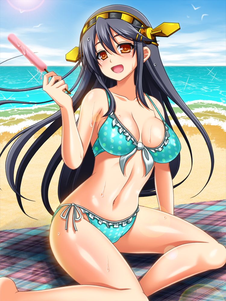 1girl, beach, bikini, black_hair, brown_eyes, hairband, haruna_(kantai_collection), kantai_collection, long_hair, mirisha, popsicle, swimsuit