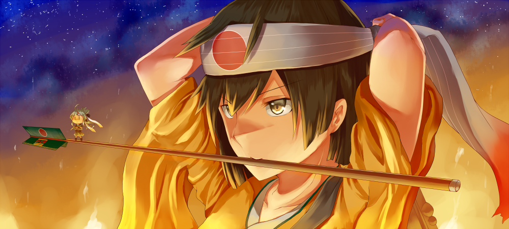 1girl, arms_up, arrow, brown_eyes, brown_hair, fairy_(kantai_collection), fire, headband