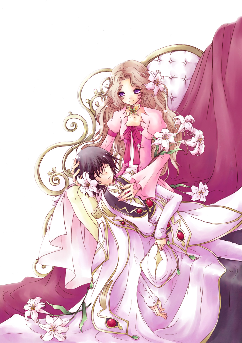 brother_and_sister, brown_hair, closed_eyes, code_geass, couch, flower, hair_flower, hair_ornament
