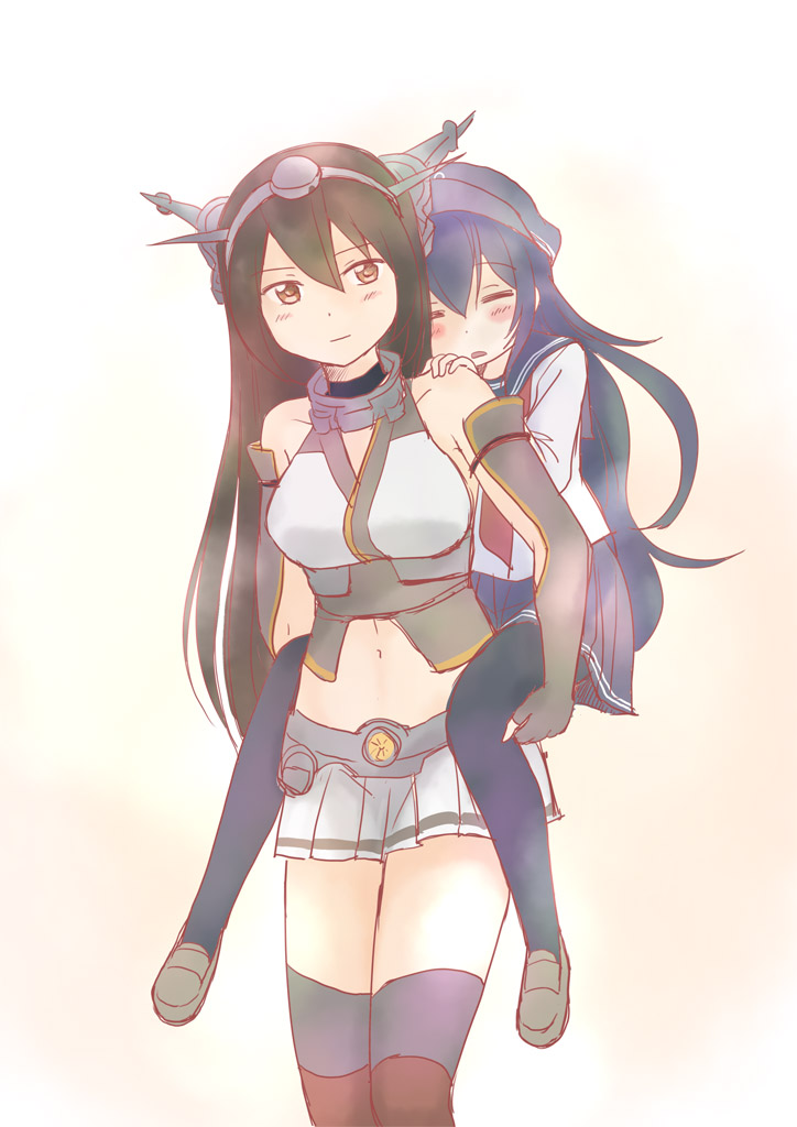 2girls, akatsuki_(kantai_collection), bare_shoulders, black_hair, brown_eyes, closed_eyes, elbow_gloves, gloves