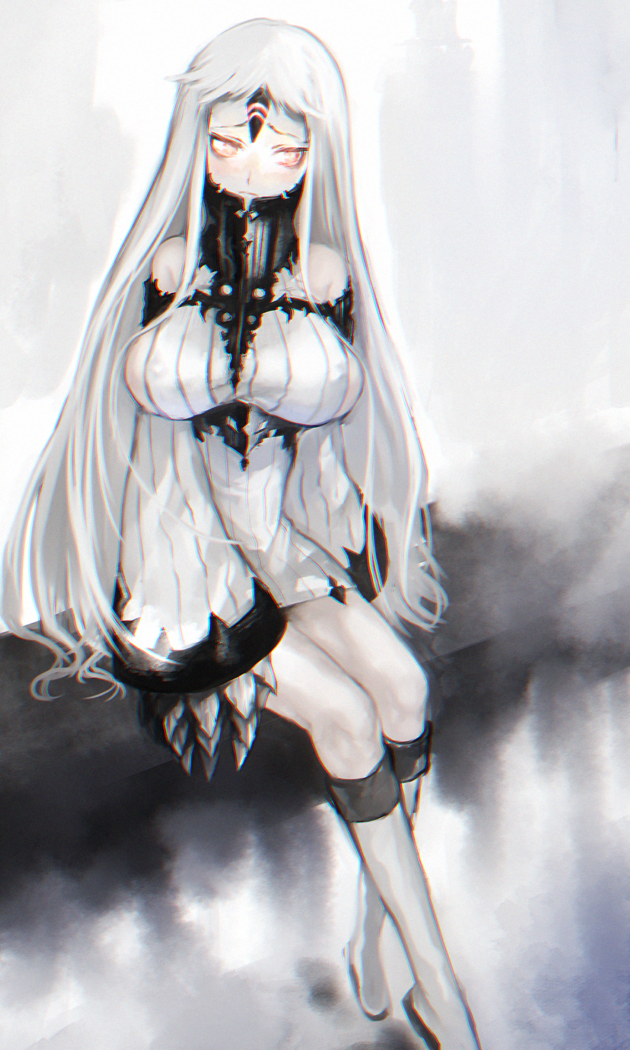 1girl, albino, boots, breasts, claws, detached_sleeves, highres, horn