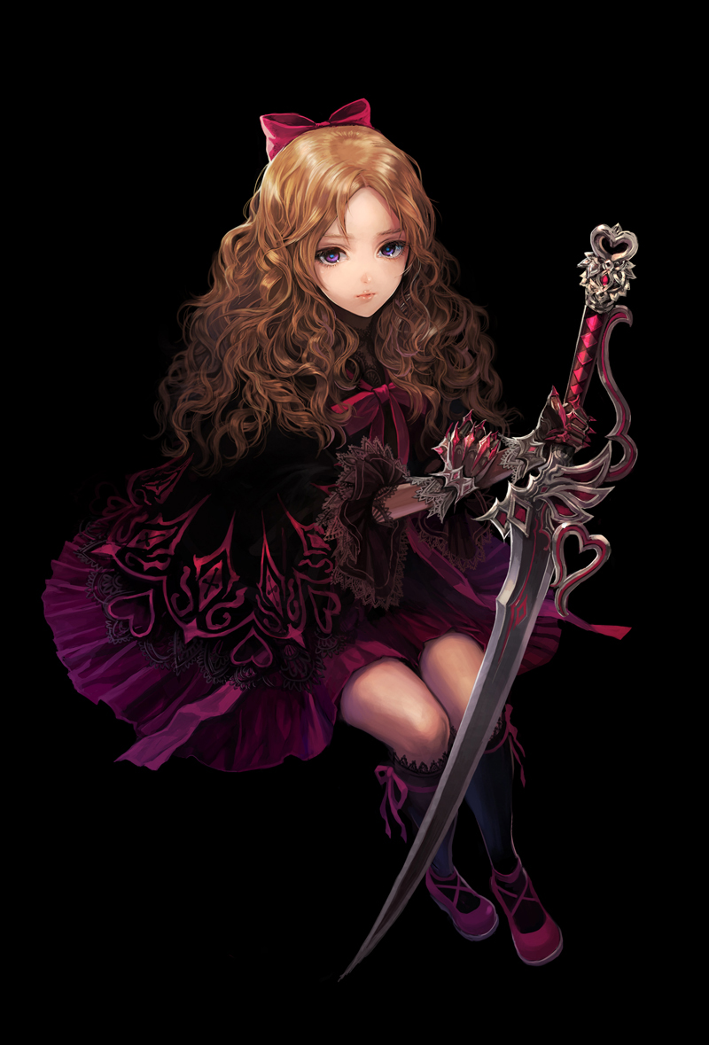 1girl, agasang, bow, brown_hair, curly_hair, dress, gauntlets, kneehighs