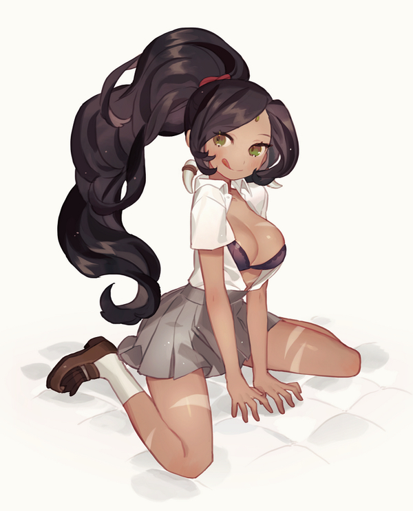 1girl, :q, alternate_costume, black_hair, blush, bra, breasts, cleavage