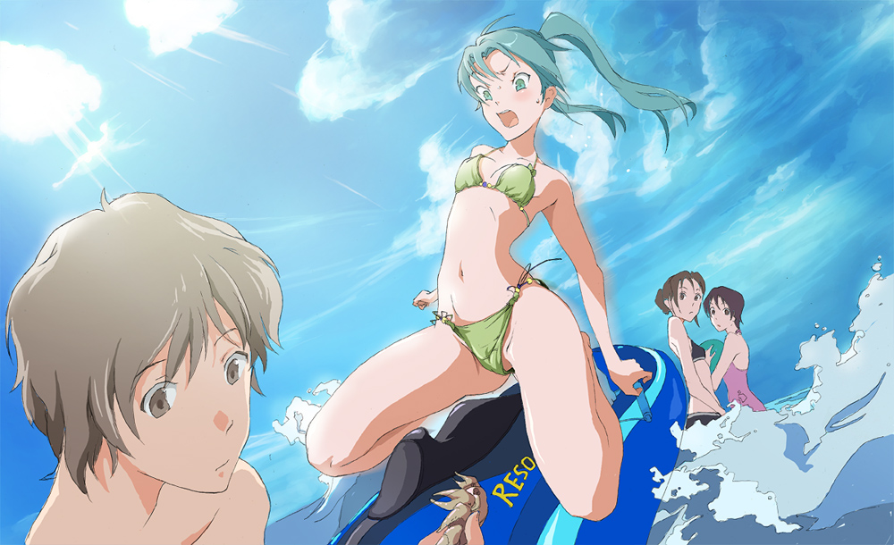 aqua_hair, bad_id, bikini, brown_eyes, brown_hair, hatsune_miku, jetski, navel, ocean, shiika_sadamasa, sky, swimsuit, twintails, vocaloid