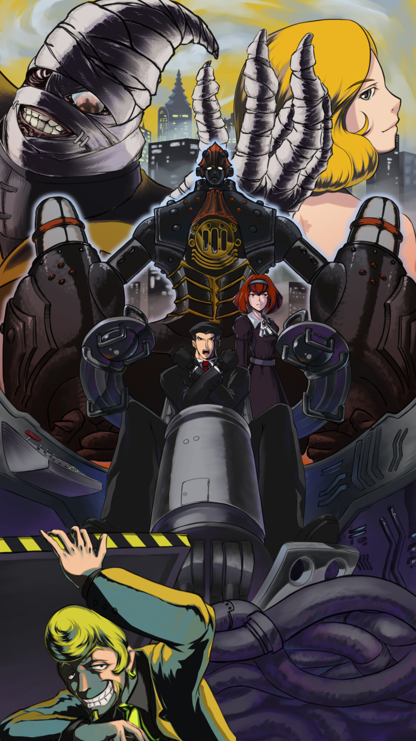 angel_(big_o), bandages, big_o_(mecha), blonde_hair, bob_cut, cockpit, grin, hairband