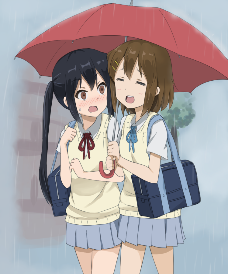 2girls, black_hair, brown_eyes, brown_hair, closed_eyes, hirasawa_yui, k-on!, long_hair
