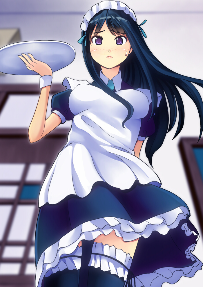 1girl, akiyama_mio, alternate_costume, black_hair, enmaided, female, from_below, k-on!, long_hair, maid, riochan, solo, thigh-highs, tray, violet_eyes, wrist_cuffs