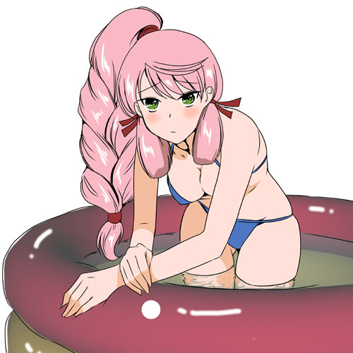 1girl, akashi_(kantai_collection), bikini, blush, braid, enami_(e373), feet_in_water, green_eyes, kantai_collection, long_hair, looking_at_viewer, lowres, partially_submerged, pink_hair, ponytail, soaking_feet, swimsuit, thigh_gap, wading_pool, water