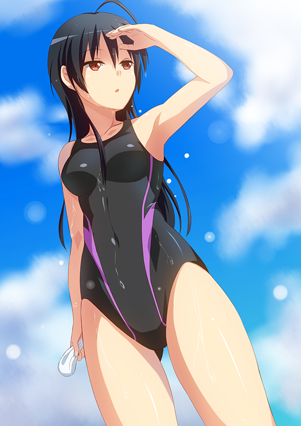 1girl, black_hair, chuunibyou_demo_koi_ga_shitai!, competition_swimsuit, long_hair, one-piece_swimsuit, red_eyes, shiwasuzuki