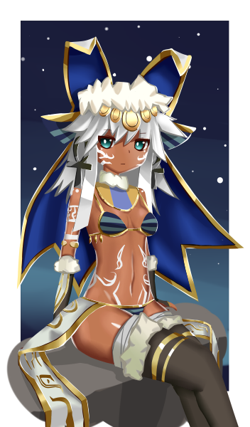 1girl, ankh, aqua_eyes, bikini_bottom, bikini_top, black_legwear, bodypaint, breasts, cleavage, dark_skin, egyptian, egyptian_clothes, elbow_gloves, facepaint, fur_trim, gloves, grey_gloves, headdress, jewelry, long_hair, midriff, mippzer, mound_of_venus, navel, necklace, night, night_sky, outdoors, puzzle_&amp;_dragons, rock, sitting, sitting_on_rock, sky, small_breasts, solo, sopdet_(p&amp;d), star_(sky), thigh-highs, white_hair, zettai_ryouiki