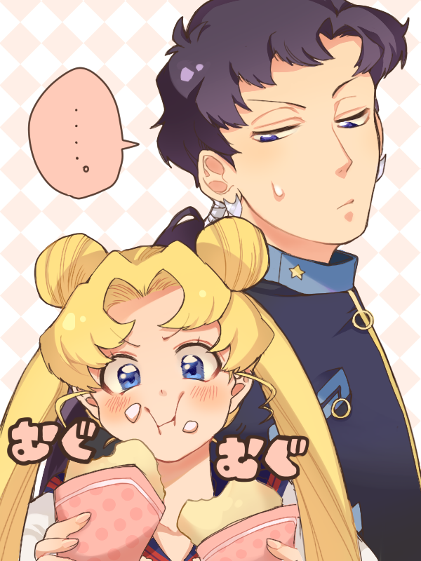 1boy, 1girl, bishoujo_senshi_sailor_moon, black_hair, blonde_hair, blue_eyes, blush, double_bun, earrings, eating, food, food_on_face, jewelry, laila_(denbu3), long_hair, ponytail, puffed_cheeks, school_uniform, seiya_kou, serafuku, sweat, tsukino_usagi, twintails