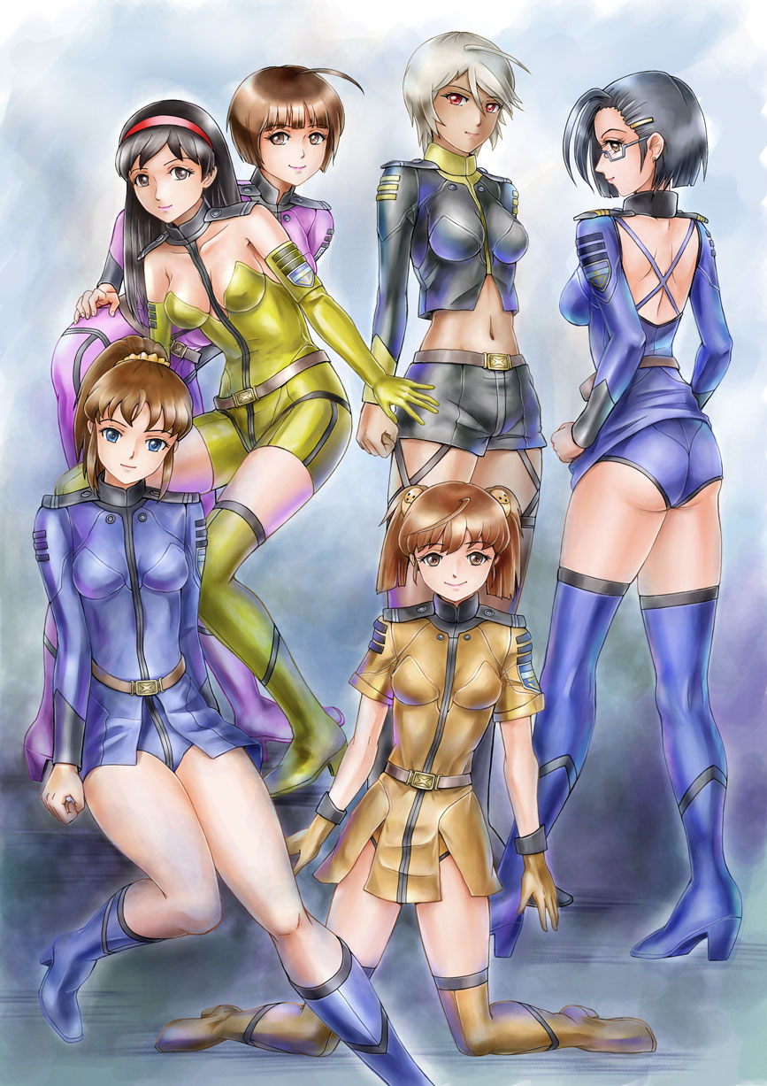 6+girls, adapted_costume, ahoge, ass, backless, black_hair, blue_eyes, boots