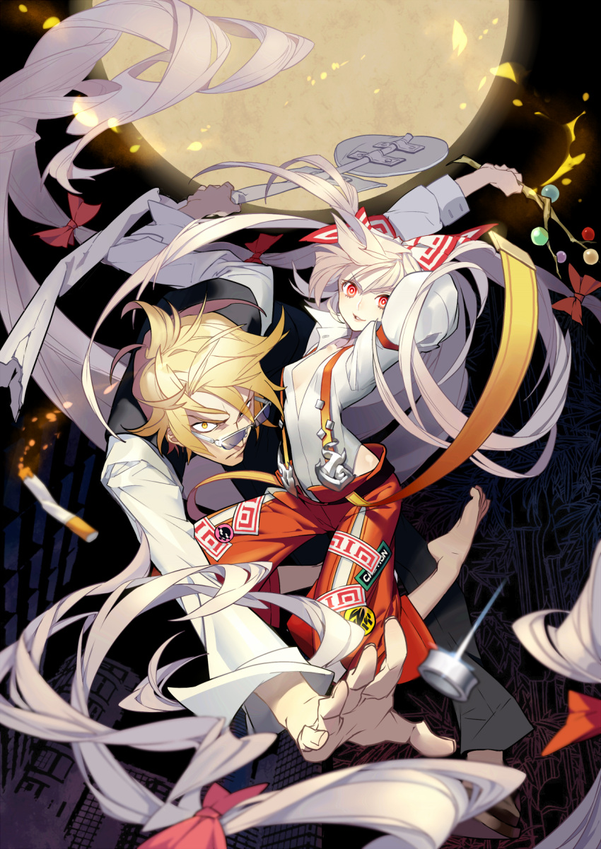 1boy, 1girl, bamboo, bamboo_forest, barefoot, blonde_hair, bow, branch, breasts, cigarette, city, cleavage, crossover, durarara!!, forest, fujiwara_no_mokou, full_moon, glasses, hair_bow, hair_ribbon, heiwajima_shizuo, highres, jeweled_branch_of_hourai, long_hair, moon, nature, pants, pengruoxi, red_eyes, ribbon, short_hair, signpost, silver_hair, smile, sunglasses, suspenders, touhou, very_long_hair, yellow_eyes
